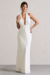 Ivory Satin Plunge Maxi Dress With Dipped Hem