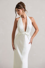 Ivory Satin Plunge Maxi Dress With Dipped Hem