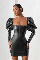 Black Faux Leather Puff Sleeve Mini Dress With Corset Detail
