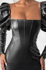 Black Faux Leather Puff Sleeve Mini Dress With Corset Detail