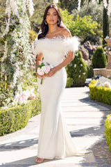 White Lace Bardot Feather Fishtail Maxi Dress