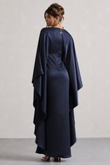 Navy Satin Plunge Cape Maxi Dress