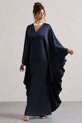 Navy Satin Plunge Cape Maxi Dress