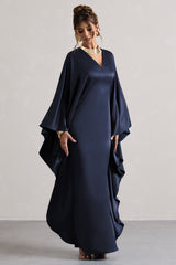 Navy Satin Plunge Cape Maxi Dress