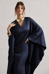 Navy Satin Plunge Cape Maxi Dress