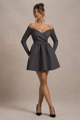 Black Polka Dot Bardot Long-Sleeve Mini Dress