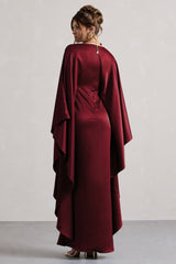 Berry Satin Plunge Cape Maxi Dress