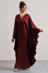 Berry Satin Plunge Cape Maxi Dress