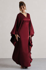 Berry Satin Plunge Cape Maxi Dress