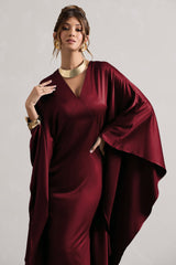 Berry Satin Plunge Cape Maxi Dress