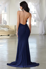 Navy Backless Bum Ruched Fishtail Maxi Dress