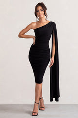 Black One Shoulder Cape Ruched Midi Dress
