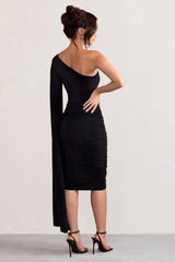Black One Shoulder Cape Ruched Midi Dress