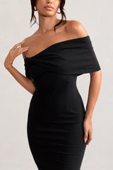 Black Bardot Bow Detail Midi Dress