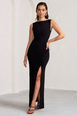 Black Ruched Wide Neck Maxi Dress With Open Back Detail