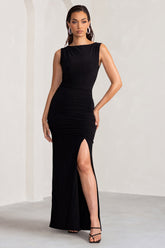 Black Ruched Wide Neck Maxi Dress With Open Back Detail
