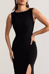 Black Ruched Wide Neck Maxi Dress With Open Back Detail