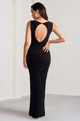 Black Ruched Wide Neck Maxi Dress With Open Back Detail