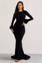 Black High Neck Long Sleeve Maxi Dress with Feather Cuffs