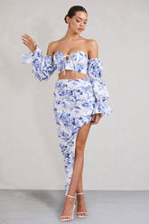 Blue Floral Ruched Asymmetric Maxi Skirt