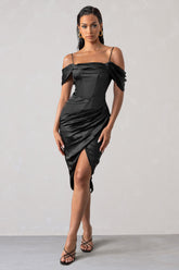 Black Satin Bardot Sleeve Corset Wrap Midi Dress