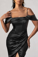 Black Satin Bardot Sleeve Corset Wrap Midi Dress
