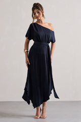Navy Satin Asymmetric Plisse Maxi Dress