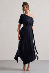 Navy Satin Asymmetric Plisse Maxi Dress