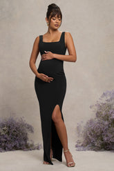 Black Square Neck Maternity Maxi Dress with Split