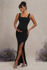 Black Square Neck Maternity Maxi Dress with Split