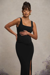 Black Square Neck Maternity Maxi Dress with Split