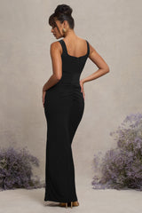 Black Square Neck Maternity Maxi Dress with Split