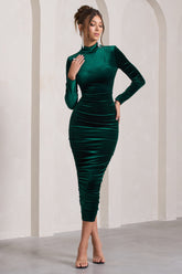 Bottle Green Velvet High-Neck Backless Midi Dress