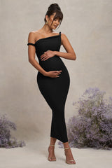 Black Twisted Asymmetric Maternity Midi Dress