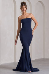 Navy Strapless Bandeau Fishtail Maxi Dress