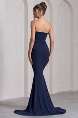 Navy Strapless Bandeau Fishtail Maxi Dress
