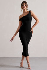 Black Twisted Asymmetric Midi Dress