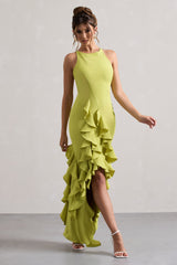 Lime Green Racer-Neck Ruffle Maxi Dress