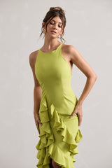 Lime Green Racer-Neck Ruffle Maxi Dress