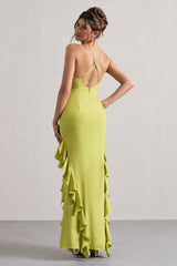 Lime Green Racer-Neck Ruffle Maxi Dress