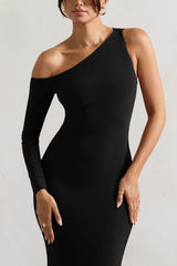 Black One-Sleeve Asymmetric Maxi Dress
