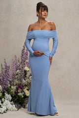 Powder Blue Maternity Ruched Mesh Bardot Maxi Dress
