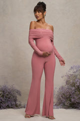 Blush Pink Maternity Ruched Mesh Bardot Jumpsuit