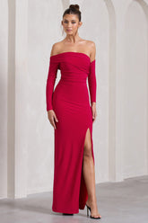 Red Bardot Ruched Maxi With Sleeves And Side Split
