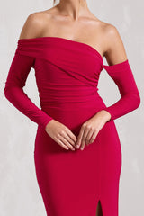 Red Bardot Ruched Maxi With Sleeves And Side Split