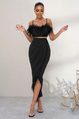 Black High Waist Wrap Front Midi Skirt With Feather Trim