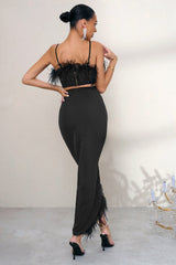 Black High Waist Wrap Front Midi Skirt With Feather Trim