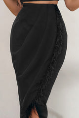 Black High Waist Wrap Front Midi Skirt With Feather Trim
