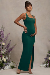 Bottle Green Square Neck Maternity Maxi Dress with Split