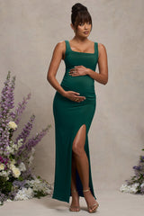 Bottle Green Square Neck Maternity Maxi Dress with Split